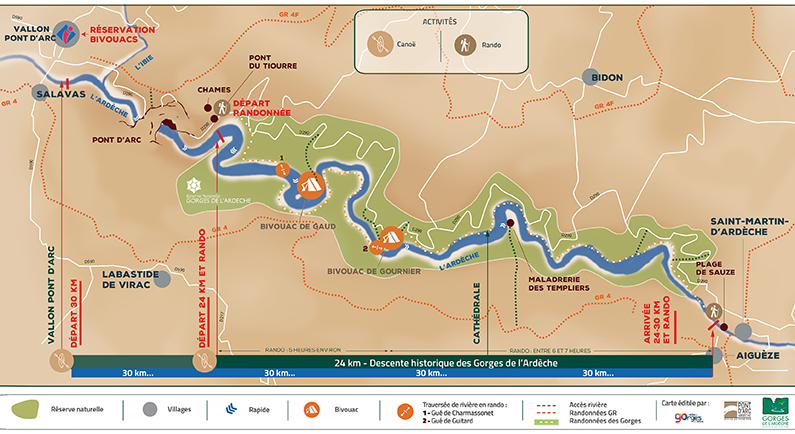 Carte Descente des Gorges de l'Ardèche avec bivouac 795 X 435 px